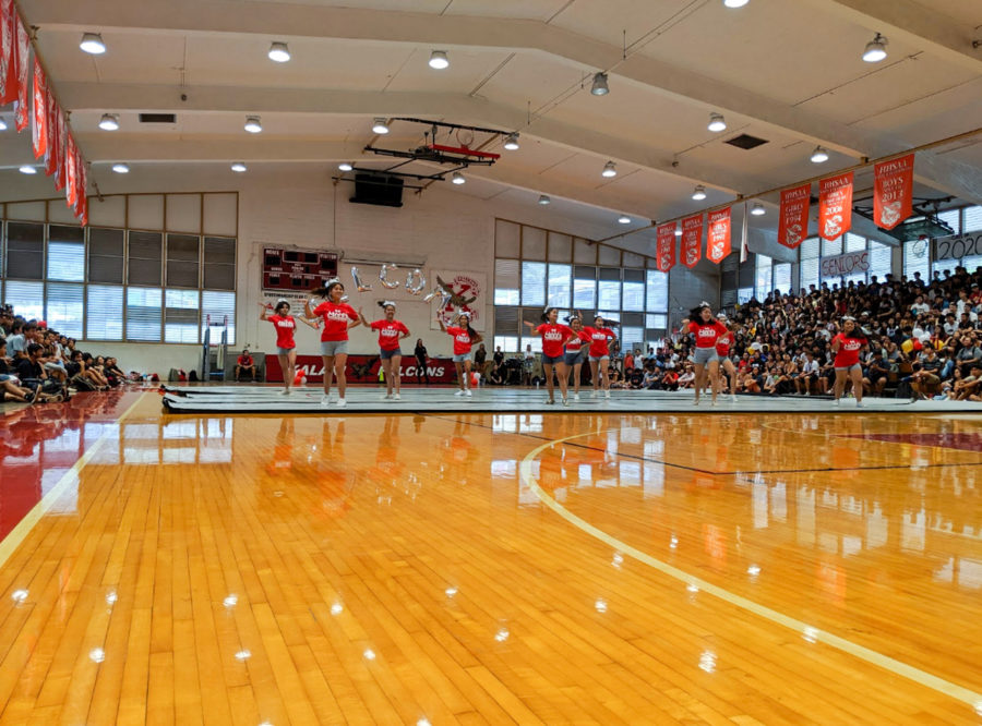 Kalani High Schools principal, Mr. Otani, kicked off the Welcome Back assembly by announcing the largest student body the school has seen in 40 years. Over 1500 individuals filled the bleachers on Aug. 14 to play games and hype up the school. Photo & caption by Lucy Fagan 2019. 